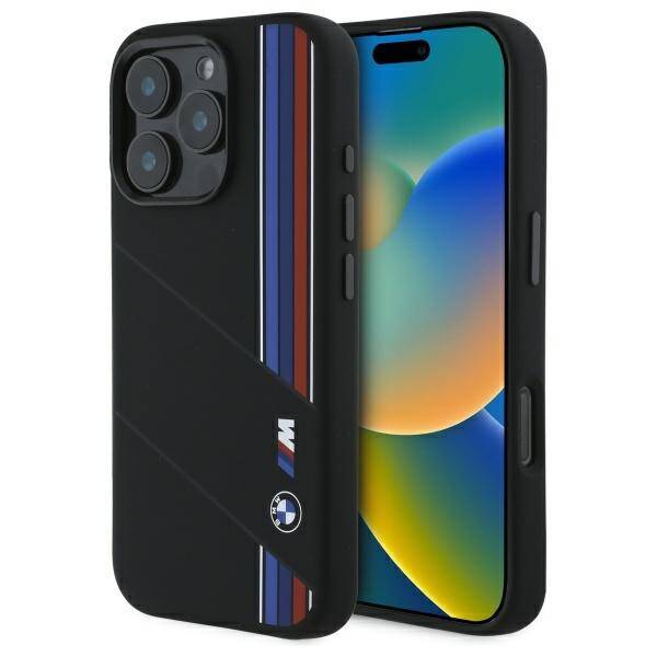 Etui BMW iPhone 16 Pro czarny/black hardcase Silicone Cut Tricolor Lines MagSafe