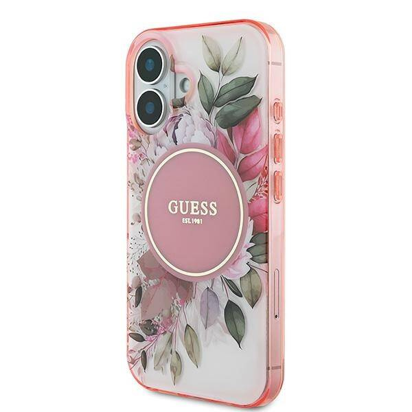 Etui Guess iPhone 16 Plus 6.7" różowy/pink hardcase IML Flower & Tonal Circle MagSafe
