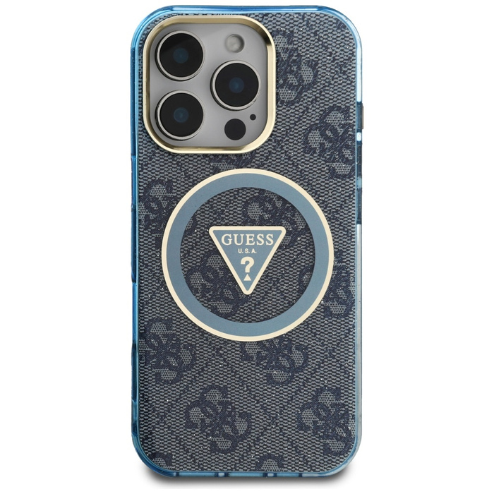 Etui Guess IML Metal Glitter 4G Circle   Triangle MagSafe do iPhone 16 Pro Max niebieski