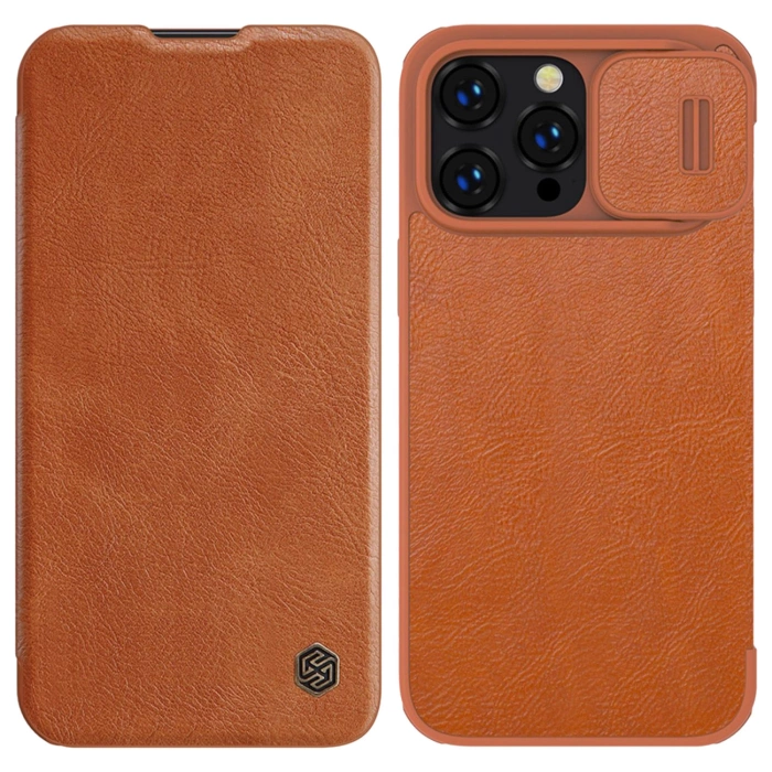Etui Nillkin Qin Leather Pro Case etui iPhone 14 Pro Max osłona na aparat kabura pokrowiec obudowa z klapką brązowy