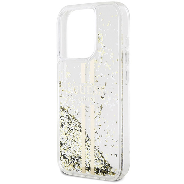 Etui Guess GUHCP15LLFCSEGT iPhone 15 Pro 6.1" transparent hardcase Liquid Glitter Gold Stripes Case