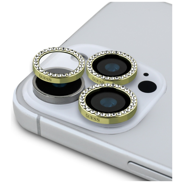 Zestaw 2w1 Guess BP Rhinestone szkło na   ekran i obiektyw aparatu do iPhone 16 Pro Max złoty