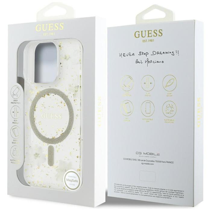 Etui Guess Resin Flowers Glitter MagSafe do iPhone 16 Pro  beżowy