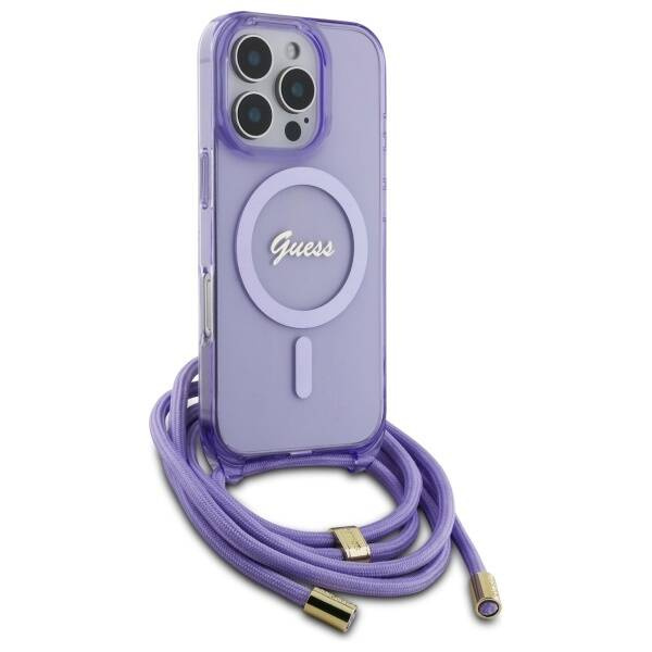 Etui Guess iPhone 16 Pro fioletowy/purple hardcase Crossbody Cord Script MagSafe