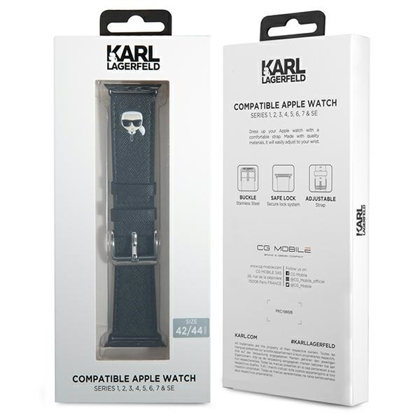 Pasek KARL LAGERFELD Apple Watch 42 44 45mm Strap Saffiano Karl Heads Czarny