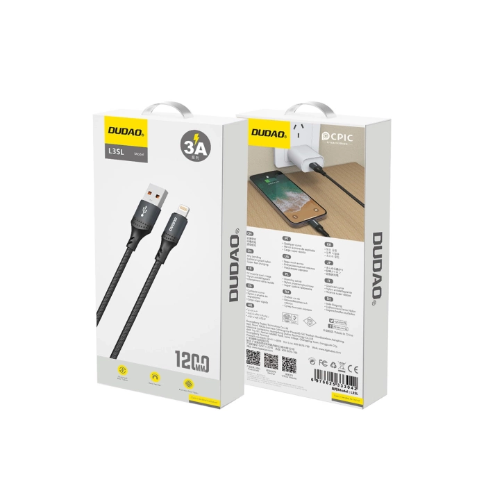 Kabel Dudao 3A 30W L3SL USB-A - Lightning w oplocie 1,2m - czarny