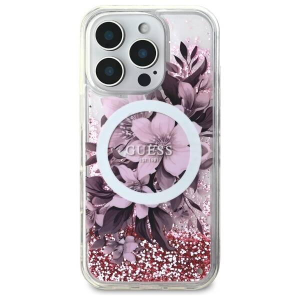 Etui Guess iPhone 16 Pro Max 6.9" różowy/pink hardcase Liquid Glitter Flower MagSafe