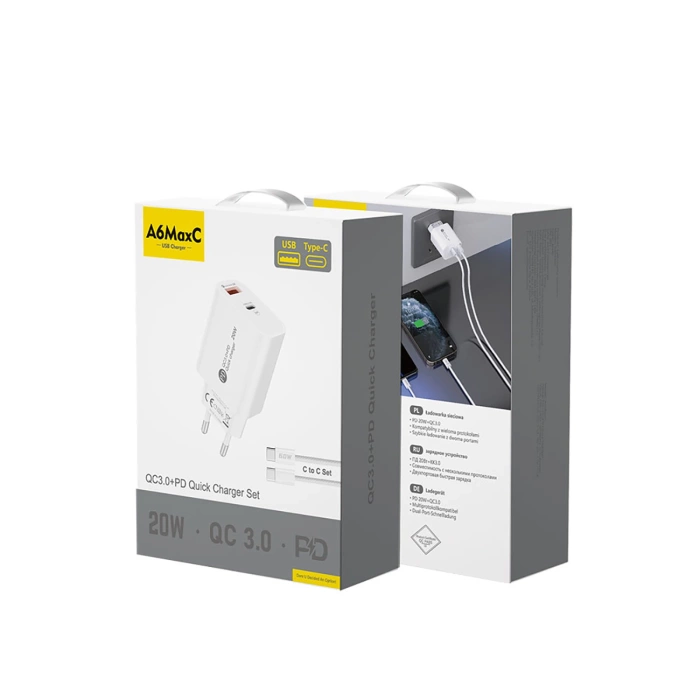 Ładowarka sieciowa A6MaxL 20W USB-A USB-C z kablem USB-C - USB-C 1m - biała