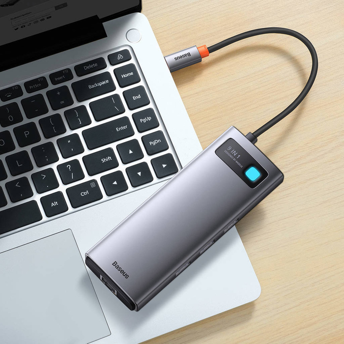 Baseus Metal Gleam Series stacja dokująca HUB 9 w 1 USB Typ C - 2 x HDMI /  2 x USB 3.2 Gen. 1 / 1 x USB 2.0 / 1 x Power Delivery / 1 x czytnik kart SD / 1 x czytnik kart TF / 1 x RJ-45 szary (WKWG060013)