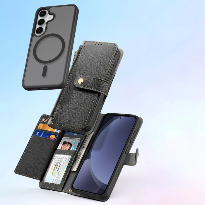 Etui skórzane Dux Ducis Lawa na Samsung Galaxy S25 z odłączanym portfelem magnetycznym - czarne