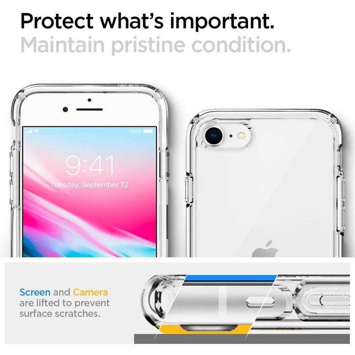 Etui Spigen iPhone SE 2022 2020 7 8 Ultra Hybrid Przezroczyste Clear Przezroczysty + Szkło Spigen Glas.Tr Slim