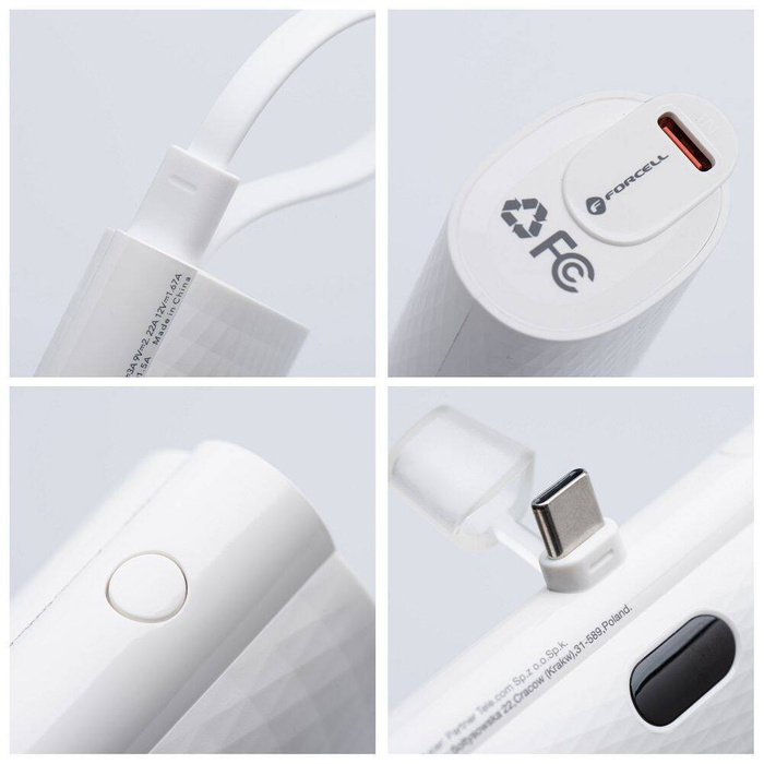 Powerbank Forcell F-Energy Power Plug F5K3 PD 20W 5000 mAh z wbudowanym złączem USB C biały
