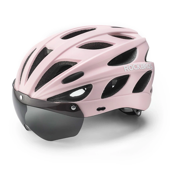Kask rowerowy Rockbros z szybką, odpinane okulary z ochroną UV, odłączany daszek, unisex - różowy