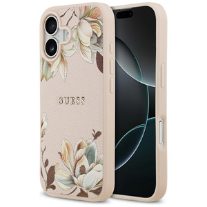 Etui Guess Grained Flowers Classic Logo  MagSafe do iPhone 17 różowy