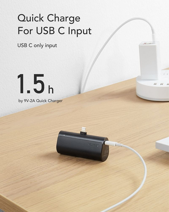 VEGER powerbank 5000 mAh z wbudowanym złączem Lightning PD QC3.0 3A 20W PlugOn (W0556P) czarny