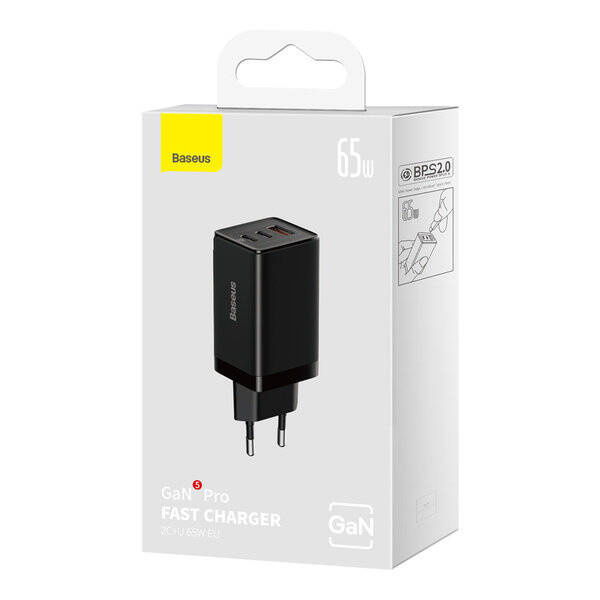 Szybka ładowarka sieciowa GaN 2 x USB C 1 x USB 65W Baseus GaN5 Pro + kabel USB C - USB C 100W - czarna