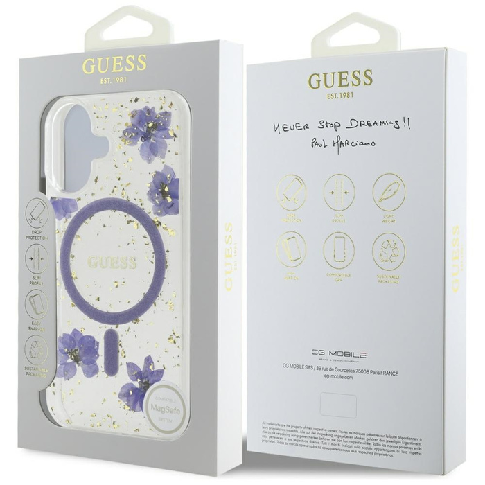 Etui Guess Resin Flowers Glitter MagSafe do iPhone 16 fioletowy