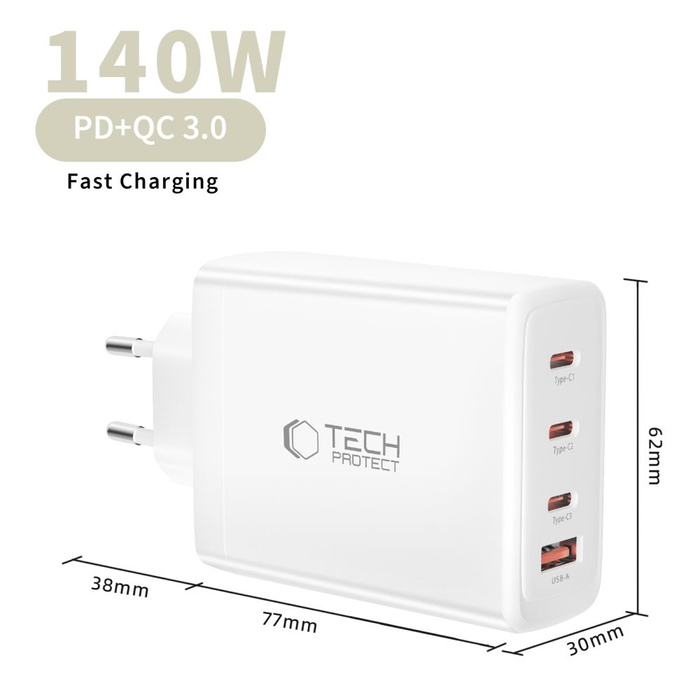 TECH-PROTECT NC140W-GAN 4-PORT NETWORK CHARGER PD 140W / QC3.0 WHITE