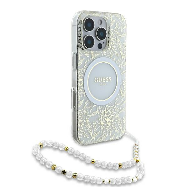 Etui Guess iPhone 16 Pro 6.3" biały/white hardcase IML Flowers Allover Electro With Pearl Strap MagSafe