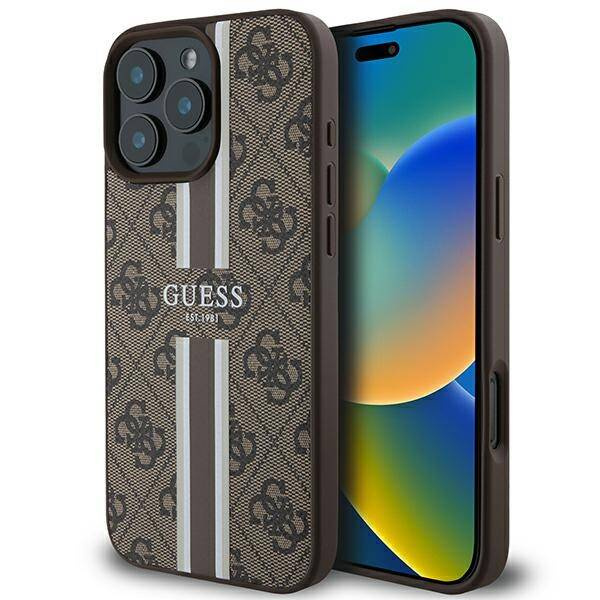 Etui Guess iPhone 16 Pro Max brązowy/brown MagSafe 4G Printed Stripes