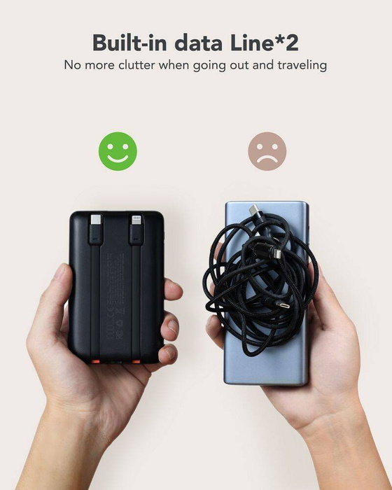 VEGER powerbank 10000 mAh z wbudowanymi kablami Typ C / Lightning PD QC3.0 2A 22,5W C11 (W1170) czarny