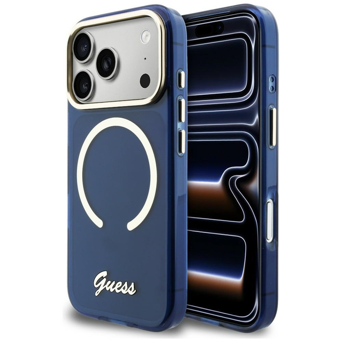 Etui Guess IML Script Metal MagSafe do   iPhone 17 Pro niebieski