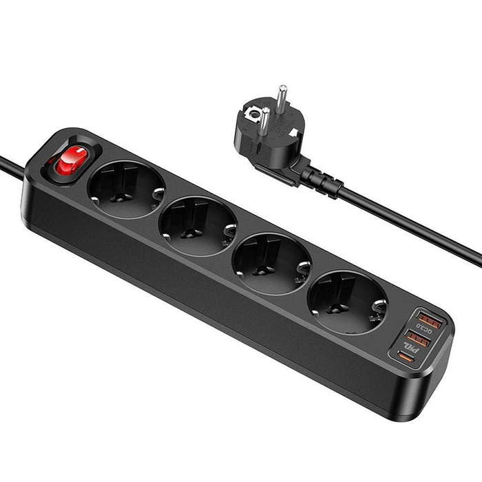 HOCO listwa zasilająca 4-gniazdowa + 2 x USB QC3.0 18W + Typ C PD 20W Aura NS1 czarna