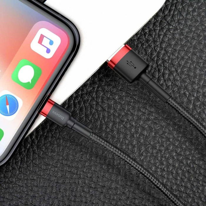 Baseus Cafule Cable wytrzymały nylonowy kabel przewód USB / Lightning QC3.0 2.4A 0,5M czarno-czerwony (CALKLF-A19)