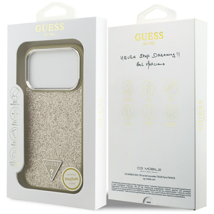 Etui Guess Glitter Triangle Logo MagSafe do iPhone 17 Pro złoty
