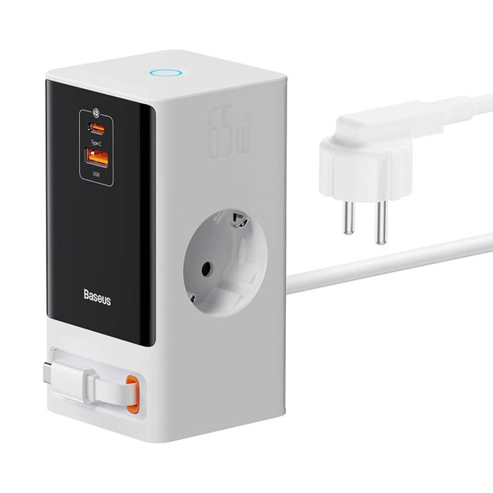 Stacja łądująca Baseus PowerCombo 65W 1.5m 2 x EU + USB-A + USB-C + zwijany kabel USB-C - biała
