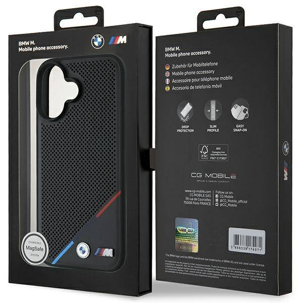 Etui BMW iPhone 16 6.1" czarny/black hardcase M Perforated Tricolor Line MagSafe