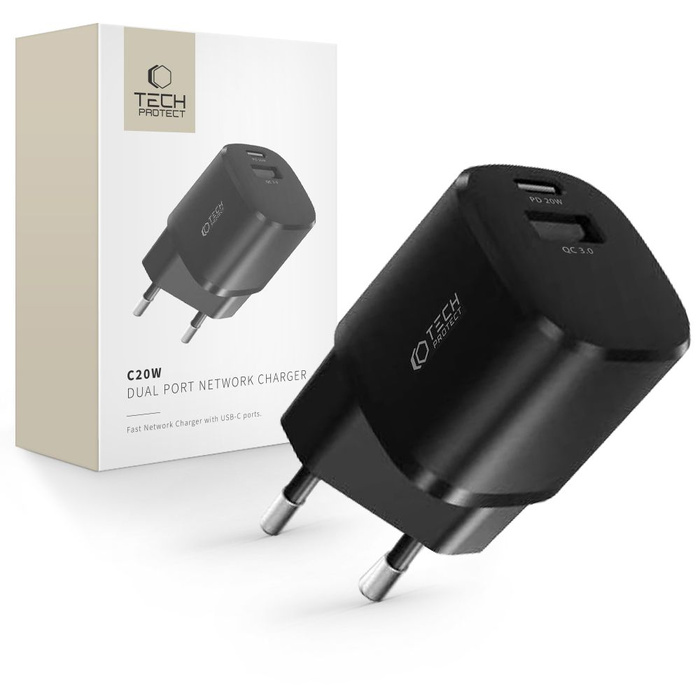 Ładowarka TECH-PROTECT C20W MINI 2-PORT NETWORK CHARGER PD20W/QC3.0 BLACK