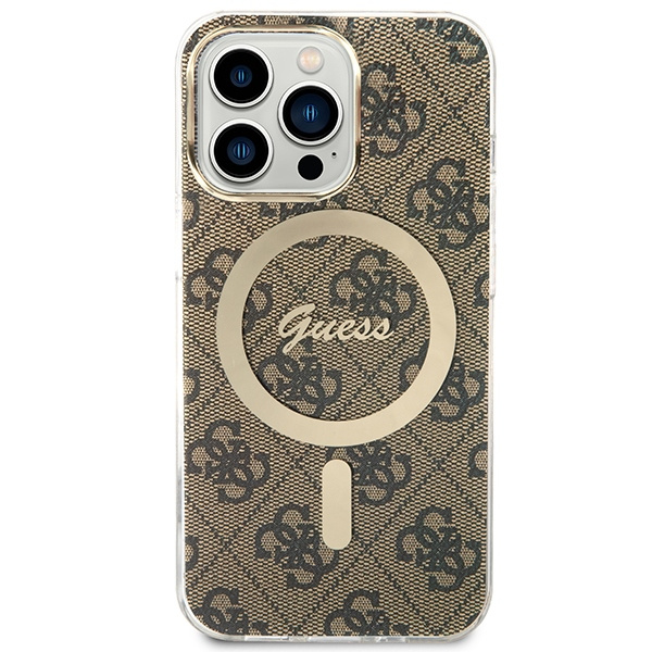 Zestaw Etui Guess Case+ Charger iPhone 13 Pro brązowy/brown hard case 4G Print MagSafe