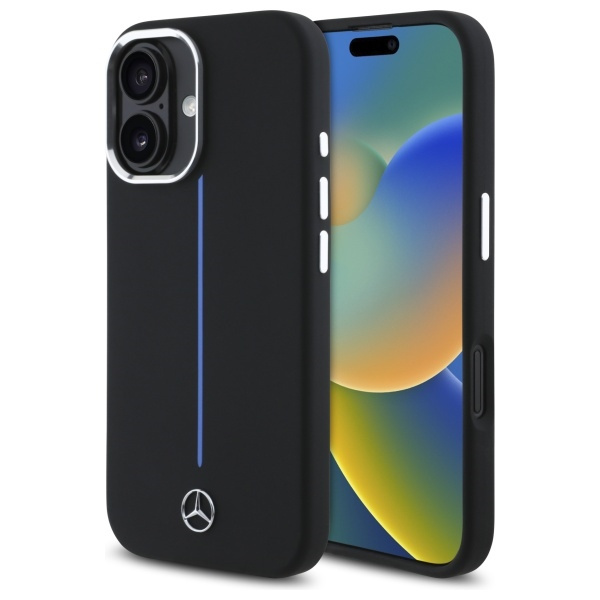Etui Mercedes iPhone 16 6.1" czarny/black hardcase Silicone Blue Stripe MagSafe