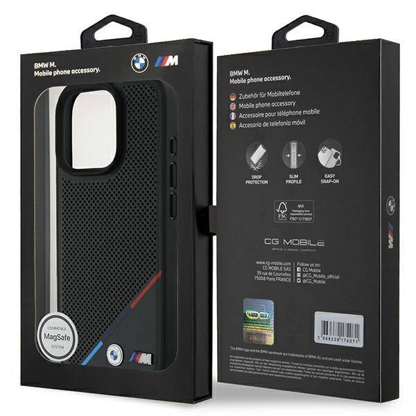 Etui BMW iPhone 16 Pro 6.3" czarny/black hardcase M Perforated Tricolor Line MagSafe