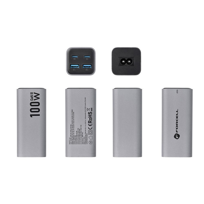 Ładowarka biurkowa Forcell F-Energy GaN III 2 x USB C + 2 x USB A QC4.0 PD 5A 100W VT-49 szara