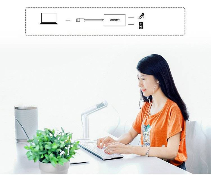 Ugreen zewnętrzna karta dźwiękowa muzyczna adapter USB - 3,5 mm mini jack 15 cm biały (US205 30143)