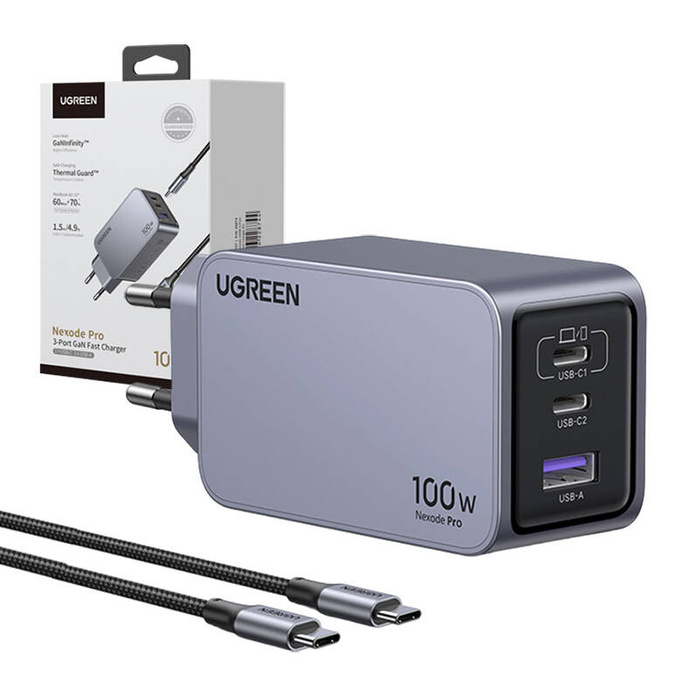 Ładowarka sieciowa  25874 Ugreen Nexode Pro 100W, GaN, USB + 2x USB-C (szara)