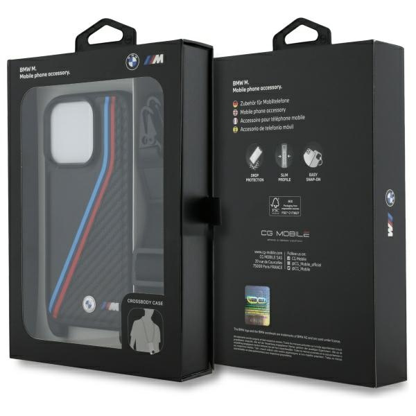 Etui BMW iPhone 16 Pro czarny/black hardcase M Edition Carbon Tricolor Lines & Strap