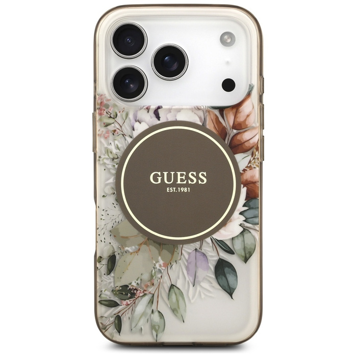 Etui Guess IML Flower & Tonal Circle     MagSafe do iPhone 17 Pro brązowy