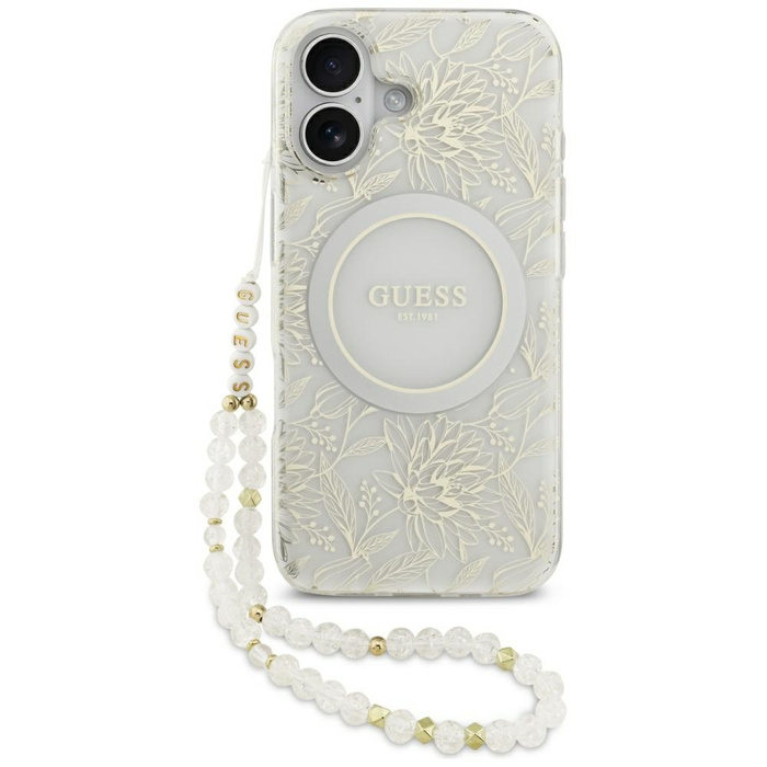 Etui Guess IML Flowers Electro Pearl     Strap MagSafe do iPhone 17 biały