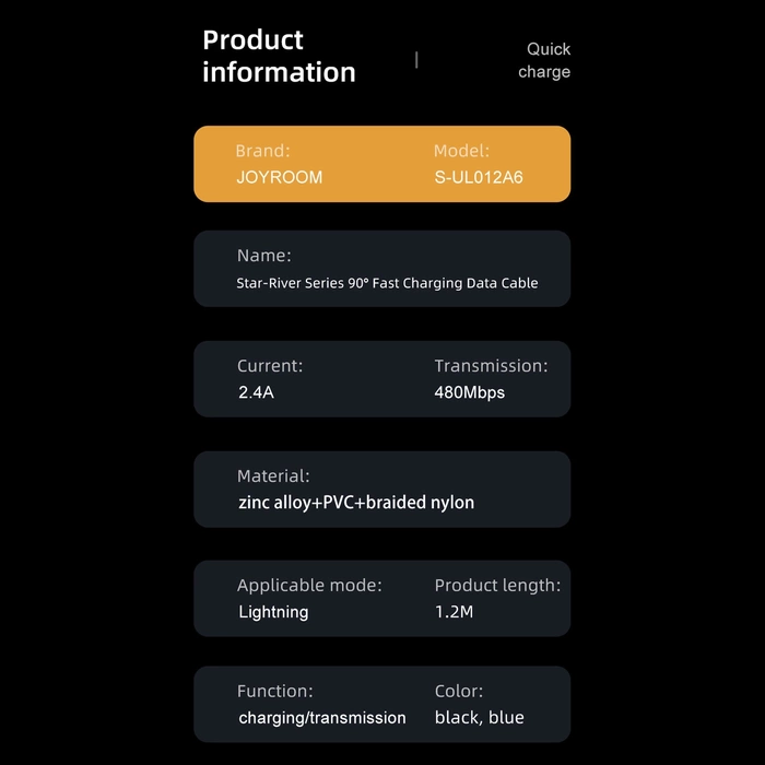 Kabel kątowy Joyroom S-UL012A6 USB-A - Ligtning 2.4A 1,2m - niebieski