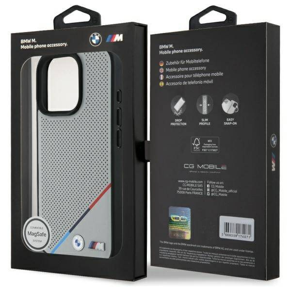 Etui BMW iPhone 16 Pro Max 6.9" szary/grey hardcase M Perforated Tricolor Line MagSafe