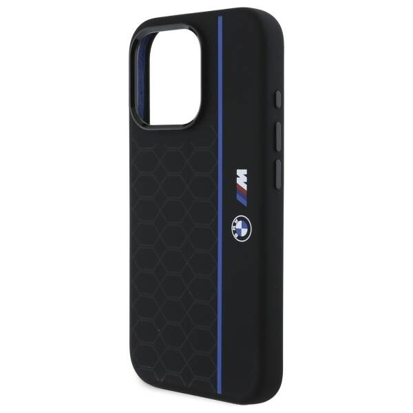 Etui BMW iPhone 16 Pro czarny/black hardcase Silicone Hexagon Blue Line MagSafe