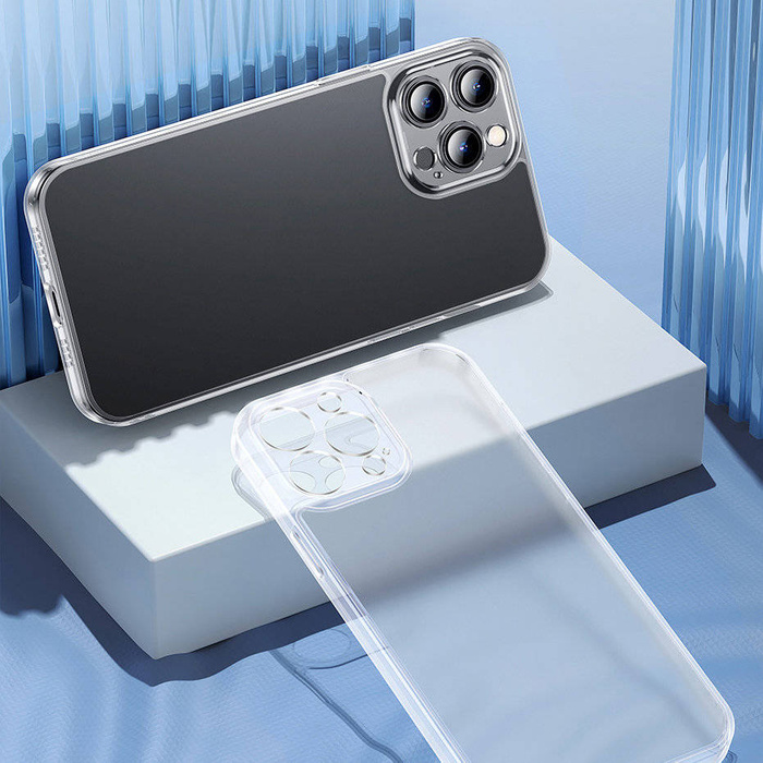 Etui Baseus Frosted Glass Case pokrowiec do iPhone 13 Pro Max sztywna obudowa z żelową ramką przezroczysty (ARWS000802)