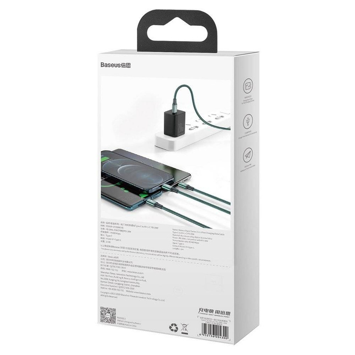 Baseus Rapid 3w1 kabel USB Typ C - USB Typ C / Lightning / micro USB 20 W 1,5 m zielony (CAMLT-SC06)