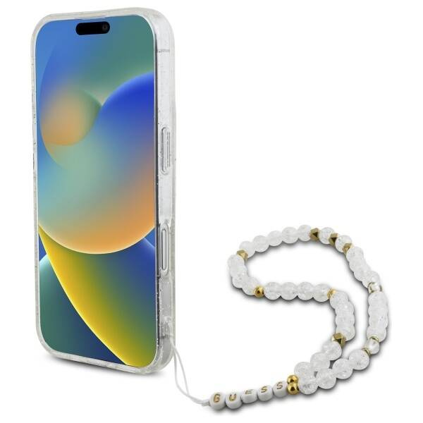 Etui Guess iPhone 16 6.1" przeźroczysty/transparent hardcase IML Glitter With Pearl Strap MagSafe