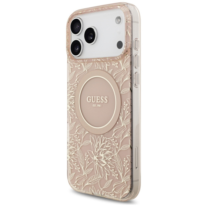 Etui Guess IML Flowers Electro Pearl     Strap MagSafe do iPhone 17 Pro Max różowy