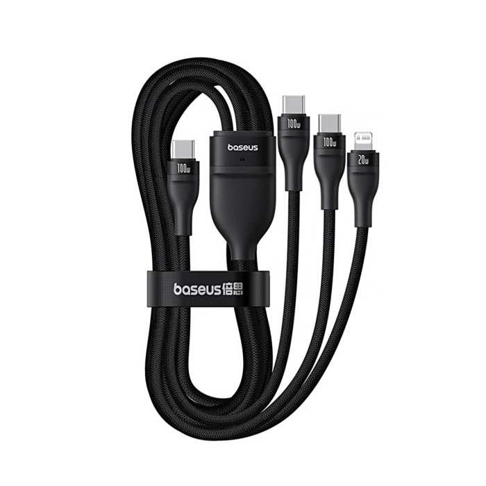 Kabel 3w1 Baseus Flash Series 3 100W USB-C - USB-C+USB-C+Lightning 1,5m + 3 x 0,25 m - czarny