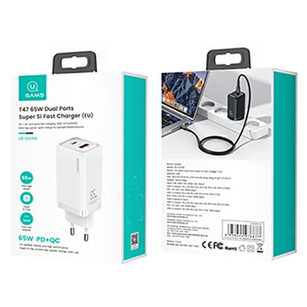 USAMS Ład. siec. 1xUSB-C+1xUSB T47 65W PD Fast Charging Super Si biały/white CC153TC02  (US-CC153)